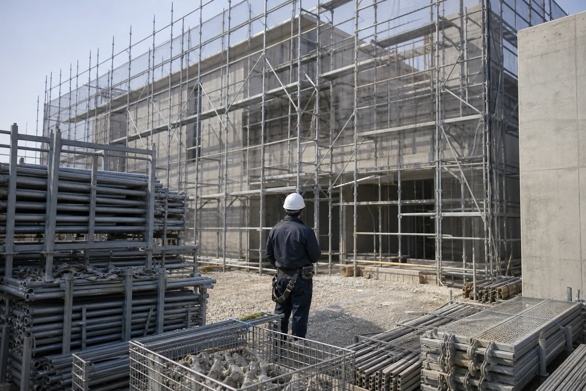 足場や計画届に関する記事のアイキャッチとして、建材のある現場を報道写真調で写した画像。