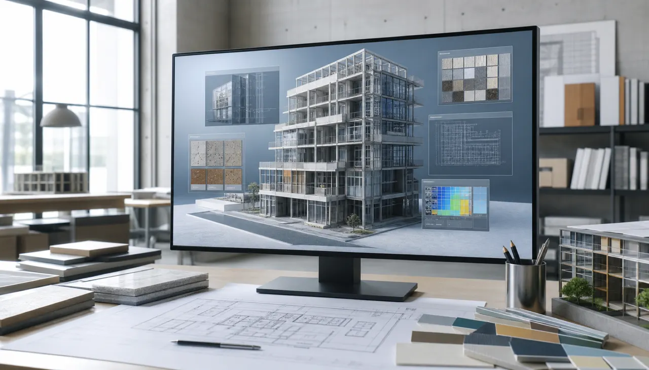 建物の三次元モデルを表示した建築スタジオの大型モニター