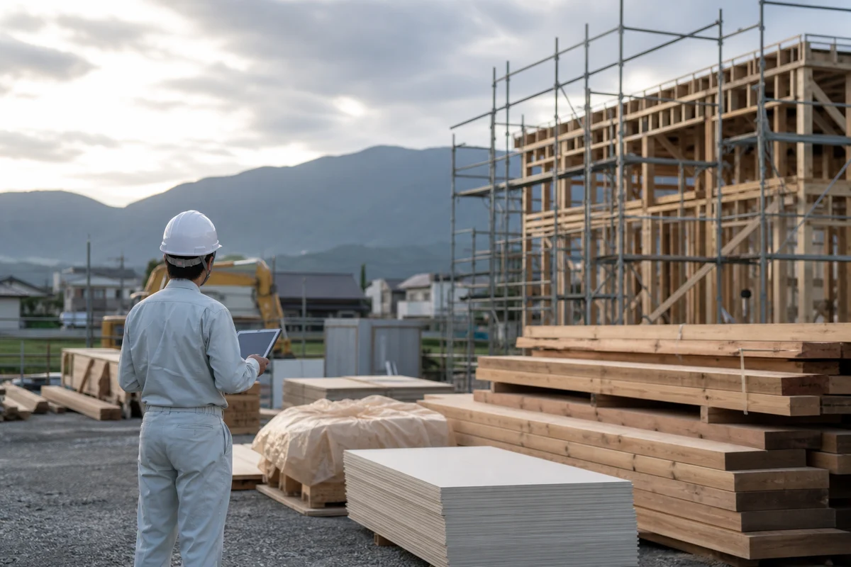 DXや熊本地震に関する記事のアイキャッチとして、建材のある現場を報道写真調で写した画像。