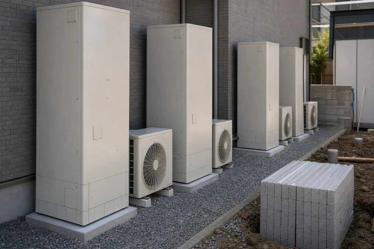 エコキュートや給湯省エネ2026に関する記事のアイキャッチとして、建材のある現場を報道写真調で写した画像。