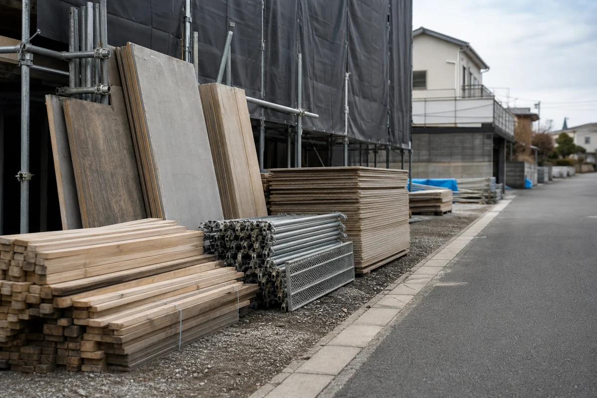道路使用許可や道路占用許可に関する記事のアイキャッチとして、建材のある現場を報道写真調で写した画像。