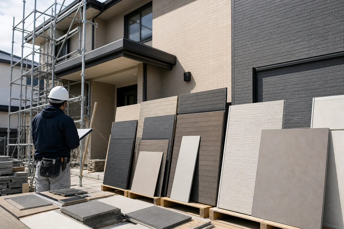 AIやリフォームに関する記事のアイキャッチとして、建材のある現場を報道写真調で写した画像。