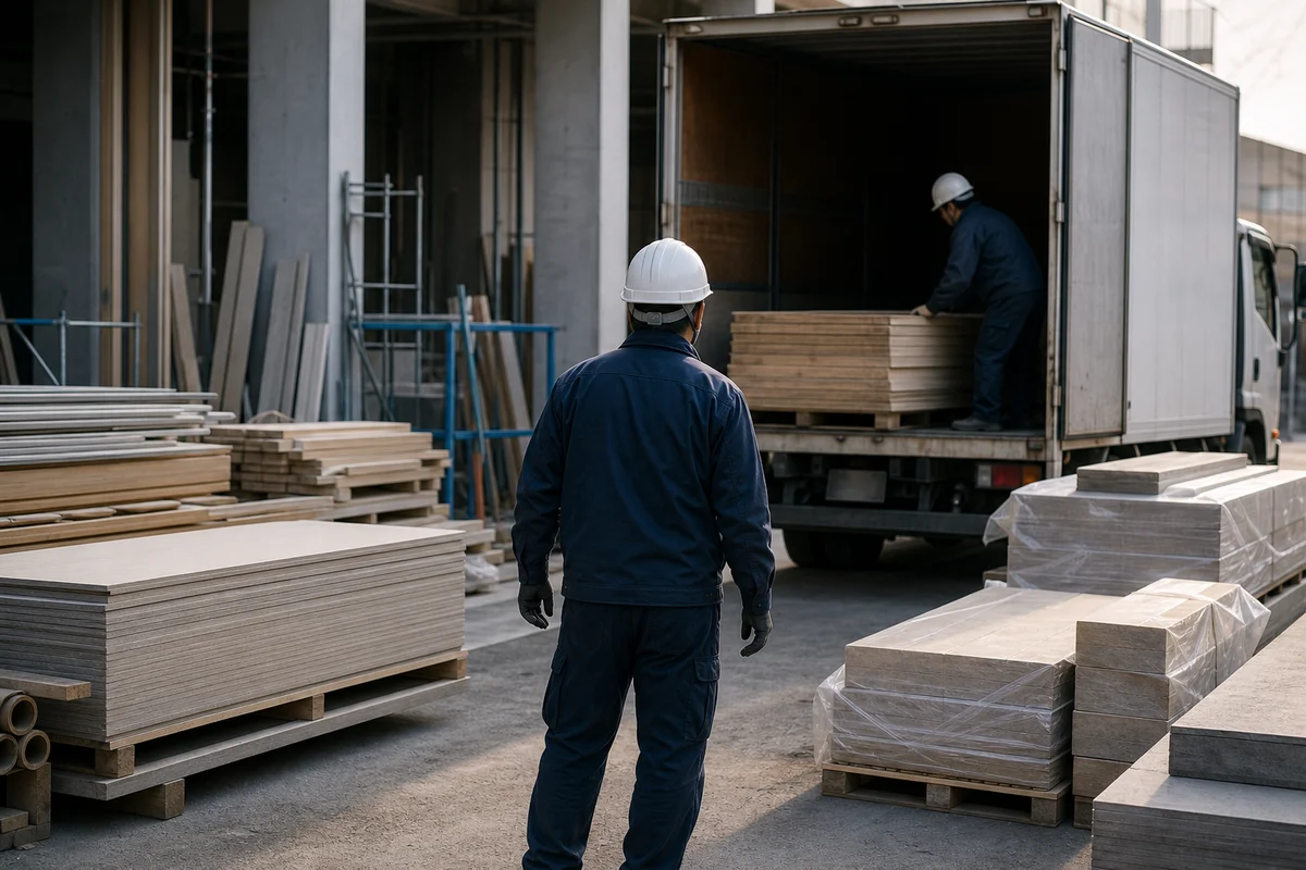 物流や荷待ちに関する記事のアイキャッチとして、建材のある現場を報道写真調で写した画像。
