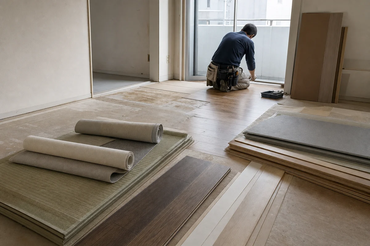 原状回復や賃貸住宅に関する記事のアイキャッチとして、建材のある現場を報道写真調で写した画像。