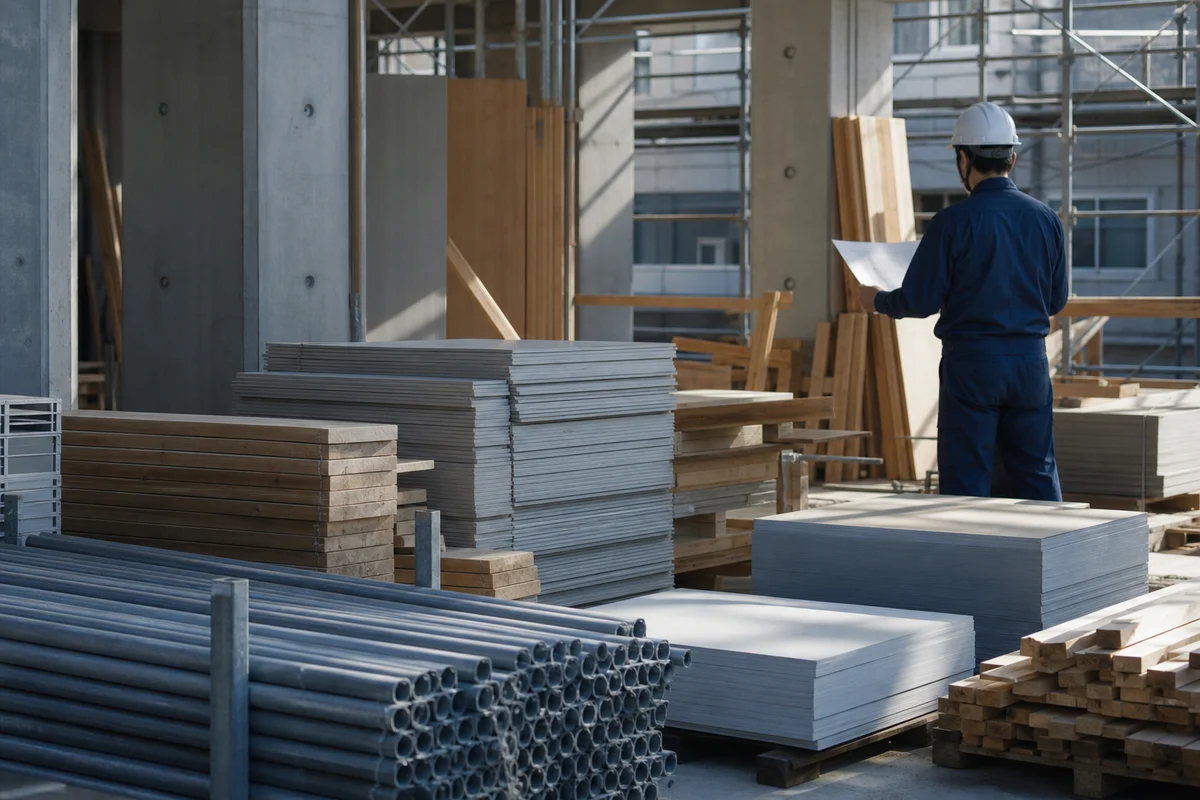 実行予算や工事原価に関する記事のアイキャッチとして、建材のある現場を報道写真調で写した画像。