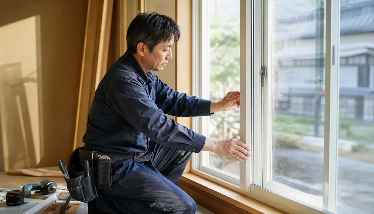 日本の住宅で高断熱の内窓を施工する職人