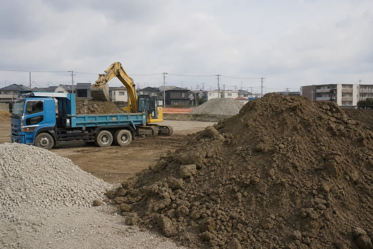 建設発生土や盛土規制法に関する記事のアイキャッチとして、建材のある現場を報道写真調で写した画像。