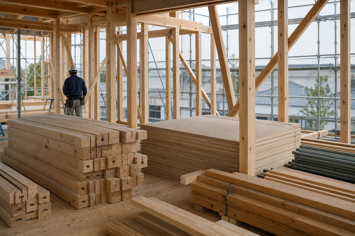 法制度や建築基準法施行令に関する記事のアイキャッチとして、建材のある現場を報道写真調で写した画像。