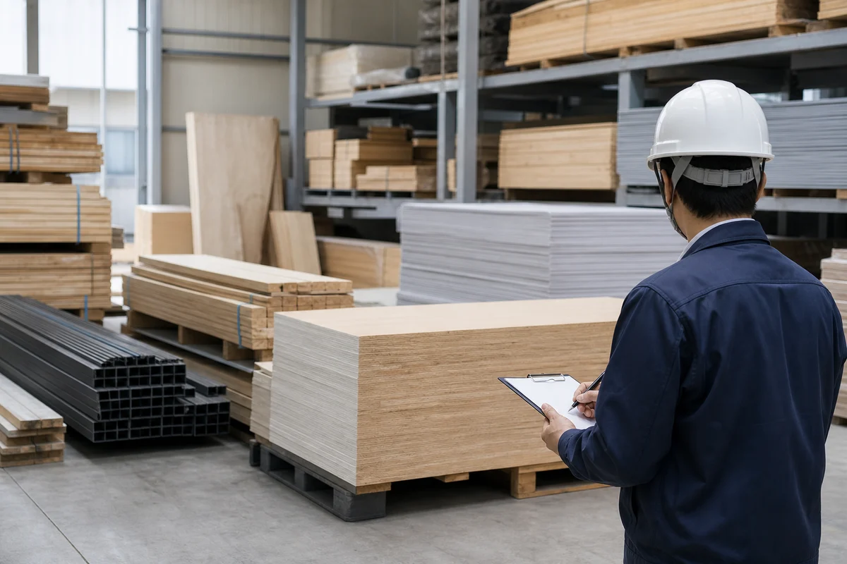 見積ソフトや原価管理に関する記事のアイキャッチとして、建材のある現場を報道写真調で写した画像。