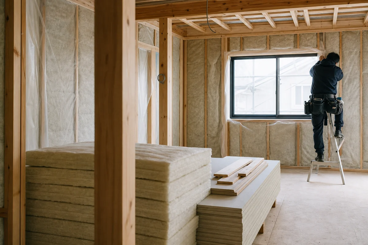 住宅の補助金・防災性能に関する記事のアイキャッチとして、新築の木造住宅の建て方現場を報道写真調で写した画像。