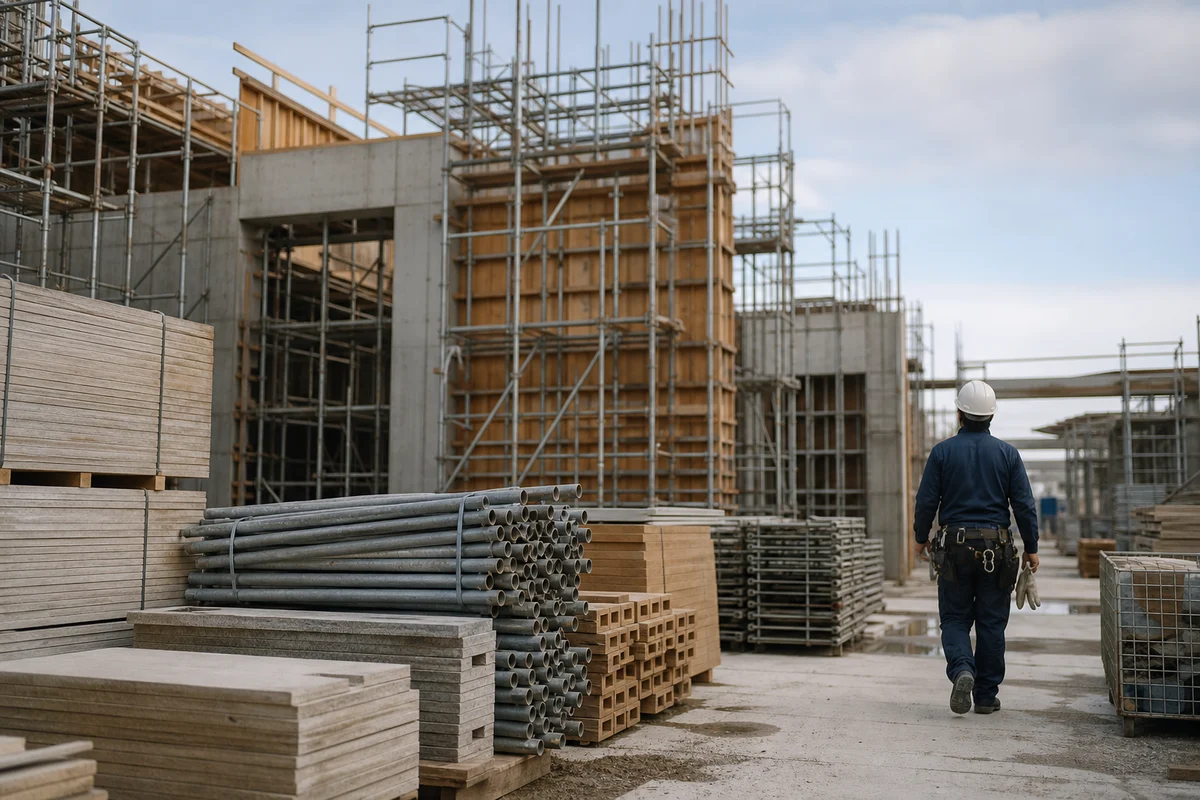職人不足や建設労働需給調査に関する記事のアイキャッチとして、建材のある現場を報道写真調で写した画像。