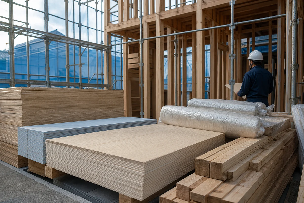 建築物省エネ法や省エネ計算に関する記事のアイキャッチとして、建材のある現場を報道写真調で写した画像。