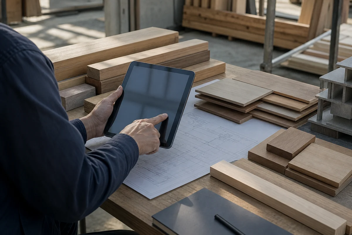 AIやDXに関する記事のアイキャッチとして、施工現場の作業台で図面やタブレットと建材が同じ画面にある手元を報道写真調で写した画像。