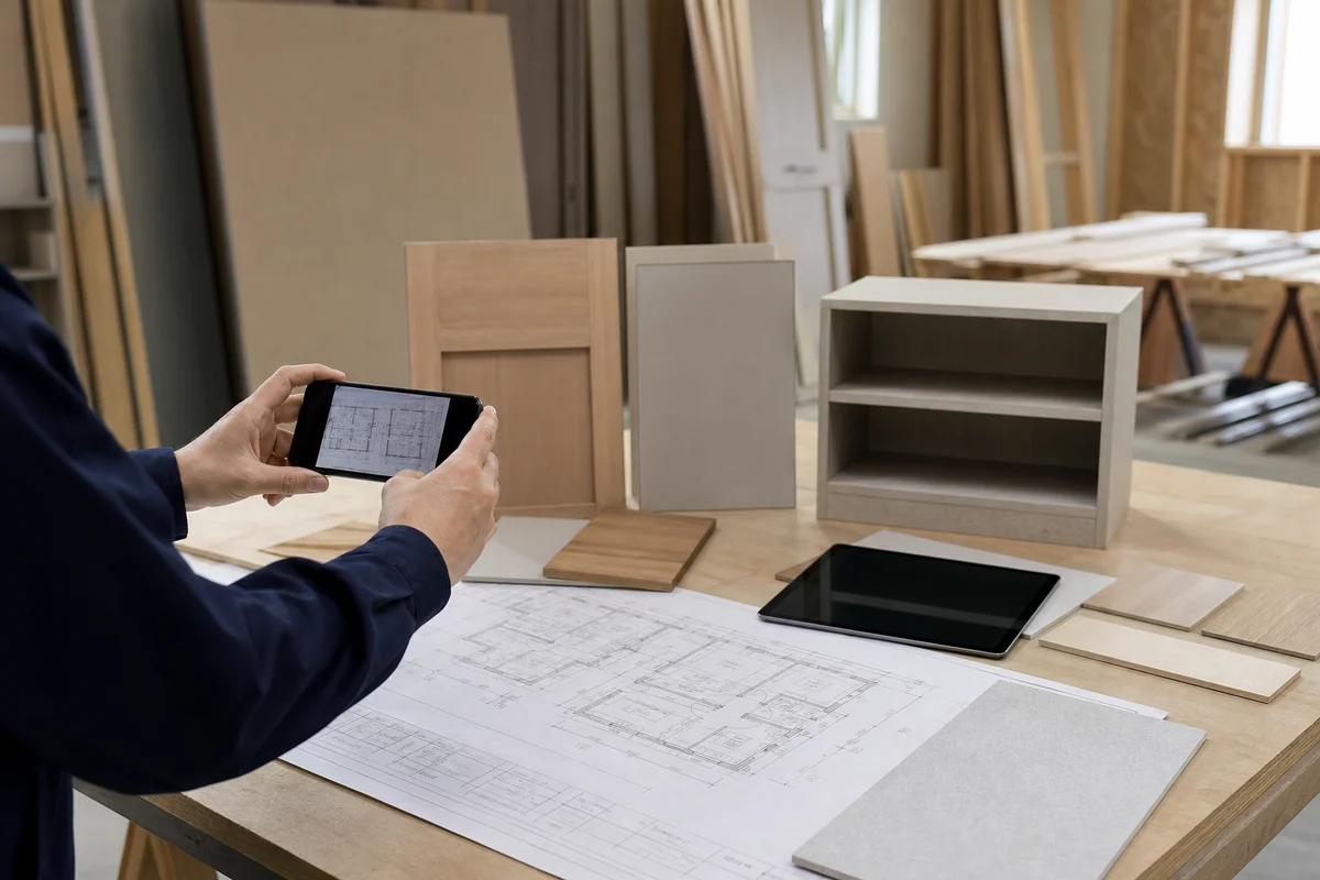 AIや積算に関する記事のアイキャッチとして、施工現場の作業台で図面やタブレットと建材が同じ画面にある手元を報道写真調で写した画像。